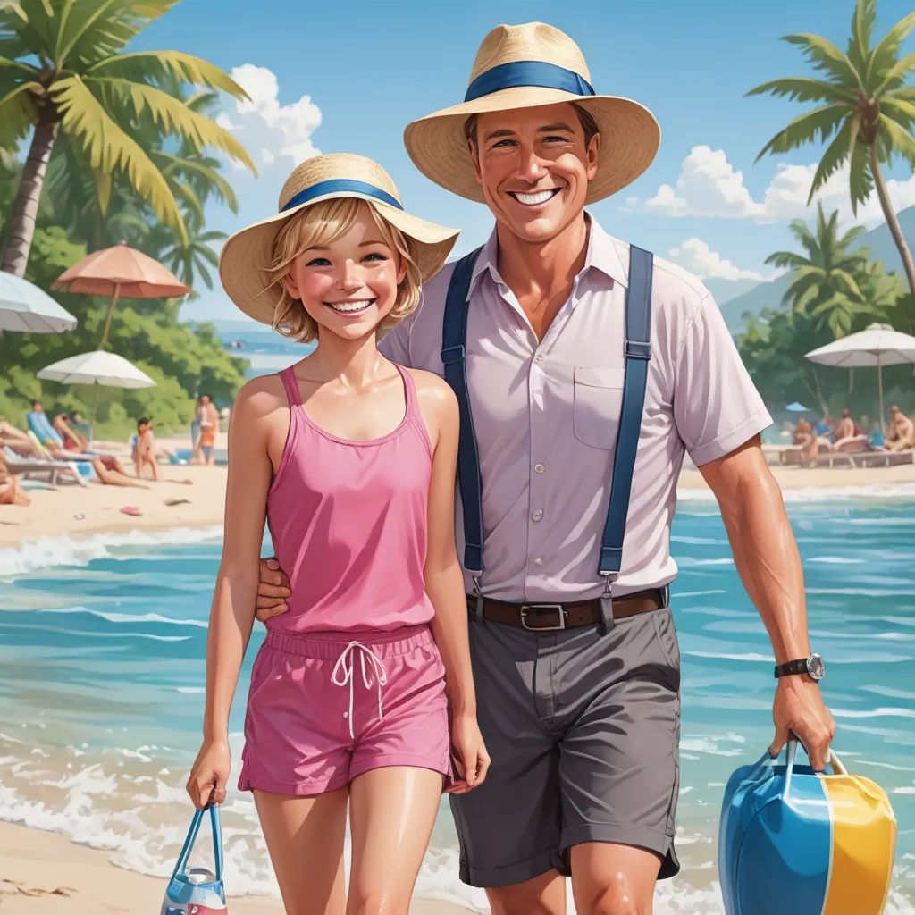 a man and a woman walking on the beach with luggage and a suitcase in hand, with palm trees in the background, american scene painting, a photorealistic painting, Bob Byerley, promotional image