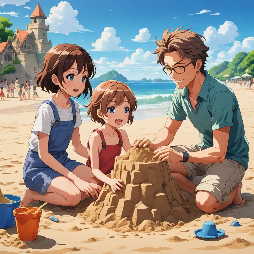 a man and two children building a sand castle on the beach with a woman and a child nearby on the sand, sots art, a detailed painting, Bob Ross, official art