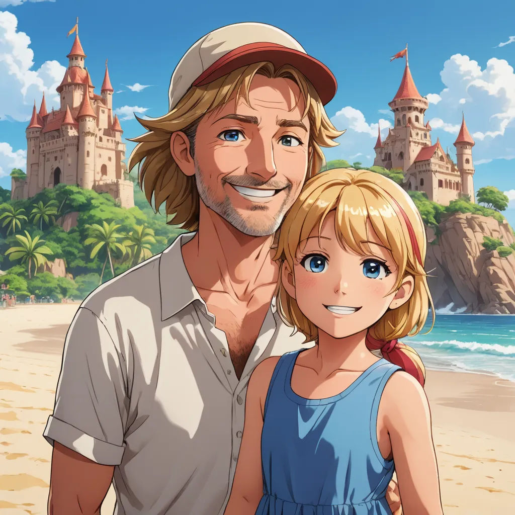 a man and a little girl standing on a beach next to the ocean with a castle in the background, serial art, a character portrait, Cliff Childs, official art