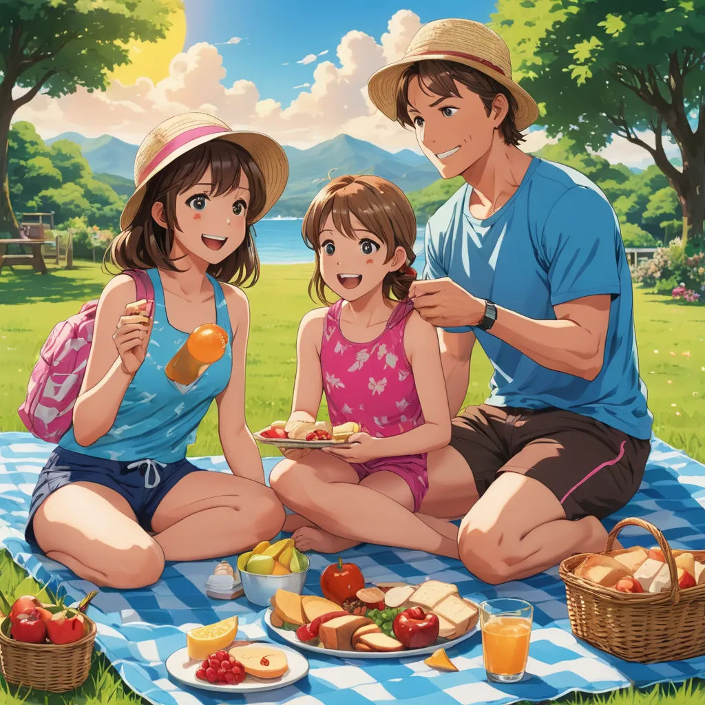a man and two girls sitting on a blanket eating food together in the park with a picnic blanket on the ground, american scene painting, an ultrafine detailed painting, Adam Manyoki, official art
