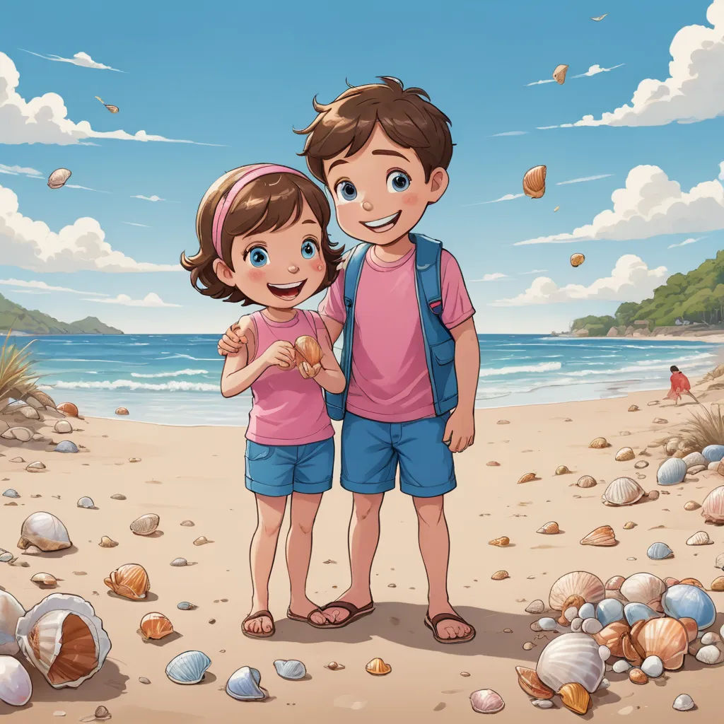 a boy and a girl standing on a beach with shells and shells around them and a blue sky with clouds, lyco art, a storybook illustration, Diego Gisbert Llorens, official art