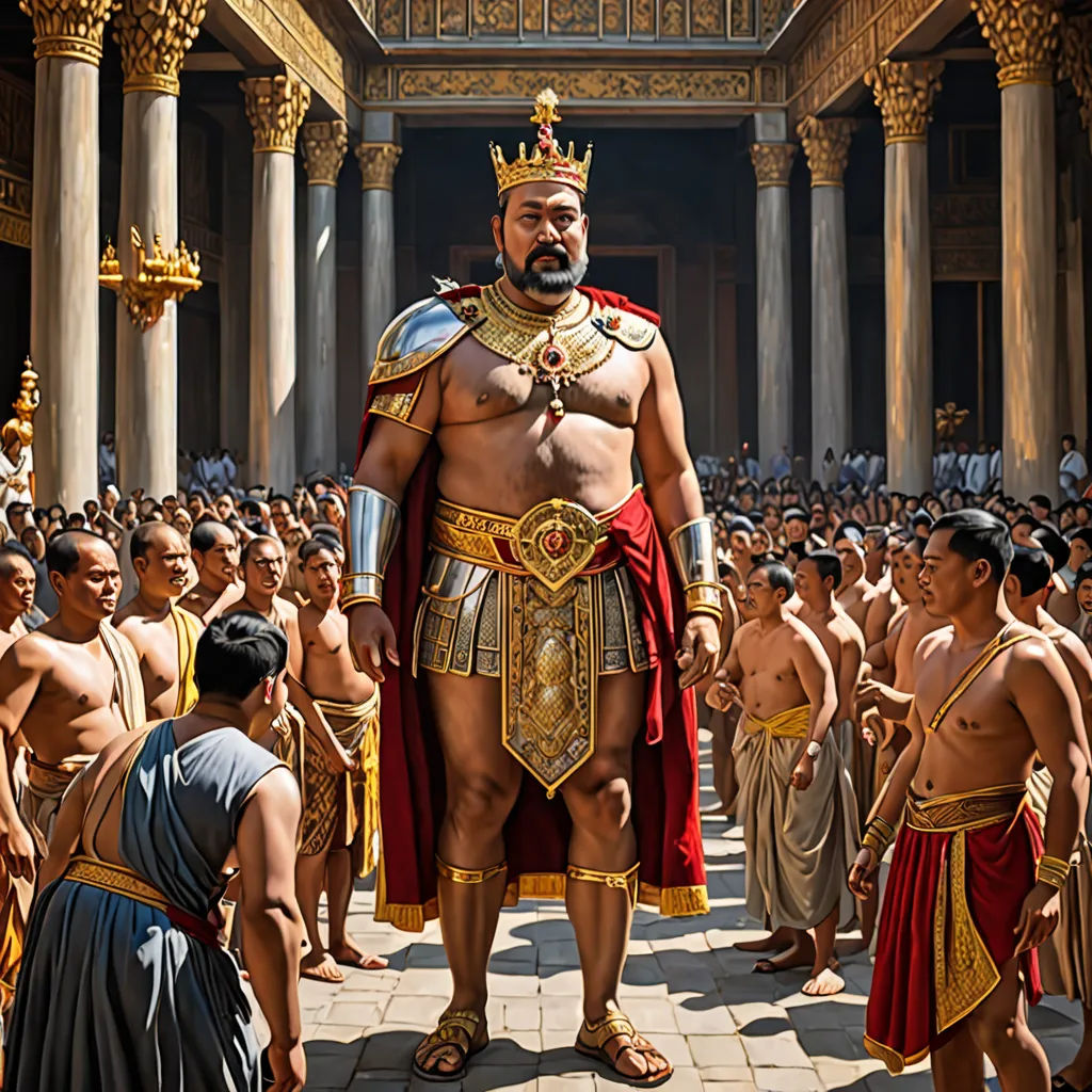 a man in a costume standing in front of a crowd of people in a building with columns and columns, sumatraism, a detailed matte painting, Altoon Sultan, weta digital