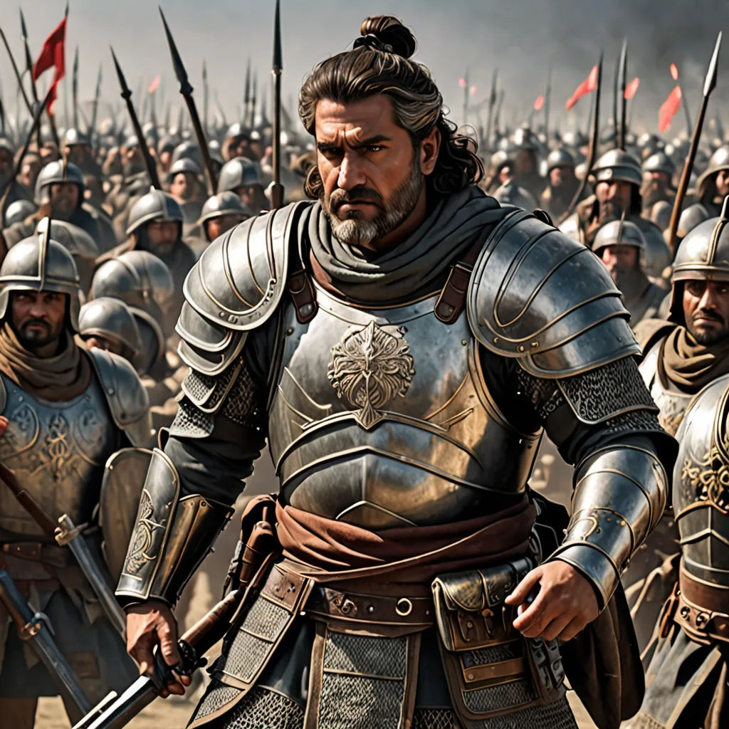 a group of men in armor standing next to each other on a field of people with flags in the background, antipodeans, a detailed matte painting, Altoon Sultan, promotional image