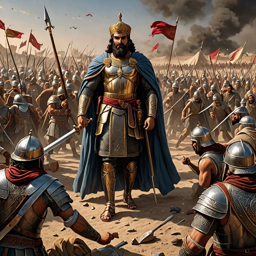 a painting of a man in armor standing in front of a group of men in armor and holding swords, qajar art, a detailed painting, Altoon Sultan, epic fantasy character art