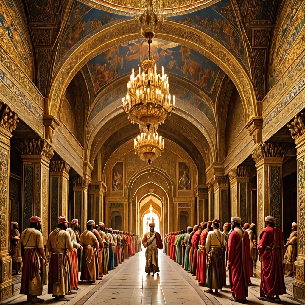 a large group of people standing in a hallway with a chandelier above them and a chandelier hanging from the ceiling, photorealism, a detailed matte painting, Edward George Handel Lucas, cinematic photography