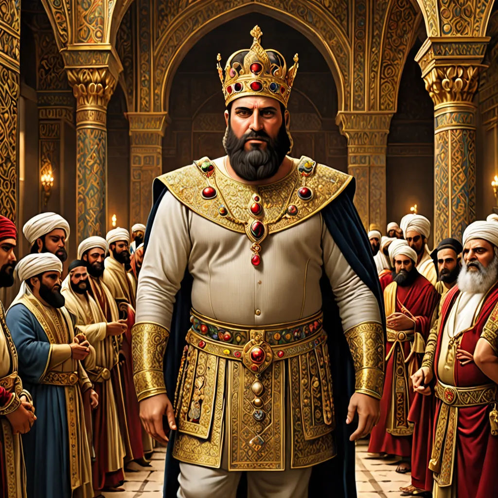 a painting of a man in a crown surrounded by other men in gold and red robes and turbans, qajar art, a detailed painting, Altoon Sultan, highly detailed digital painting