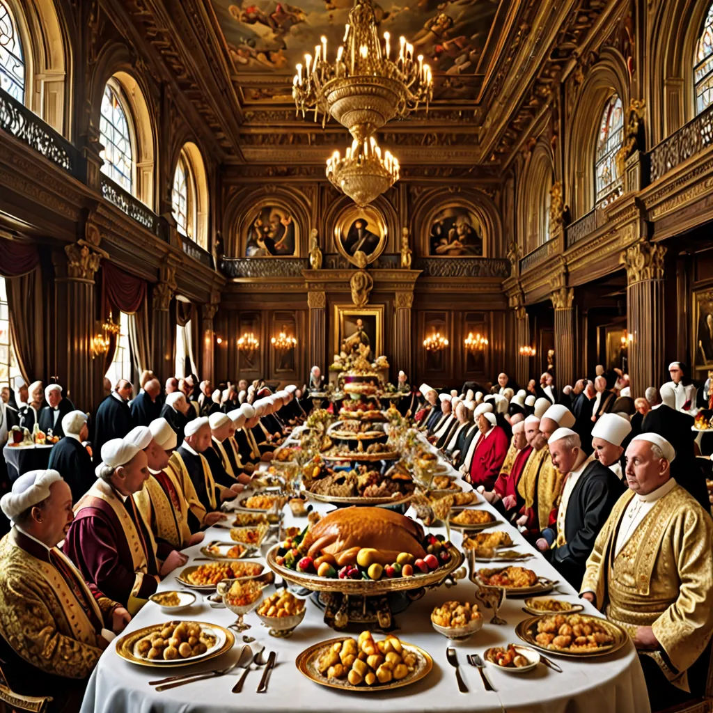 a large group of people sitting at a long table with food on it in a large room with a chandelier, viennese actionism, a flemish Baroque, Andreas Gursky, vfx