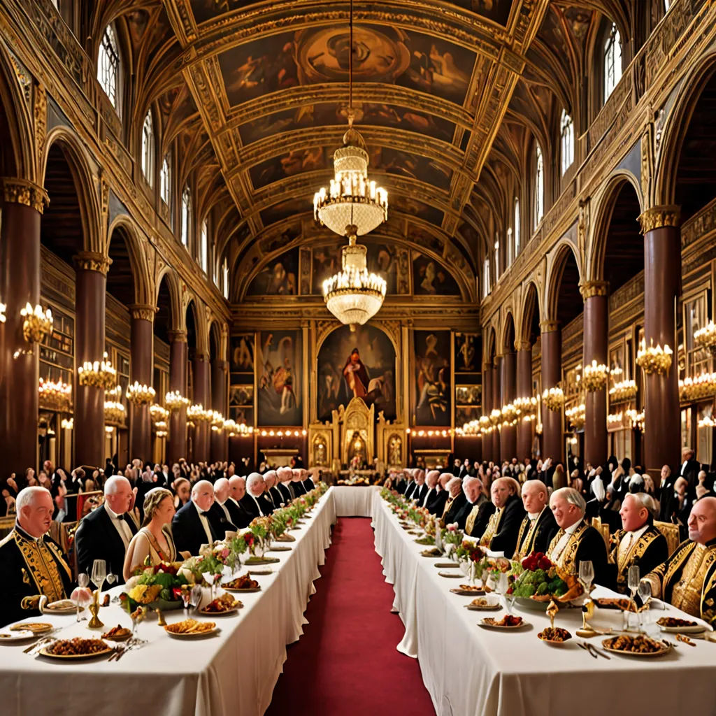 a group of people sitting at a long table in a room with a ceiling full of gold and white, institutional critique, a digital rendering, Bourgeois, vfx