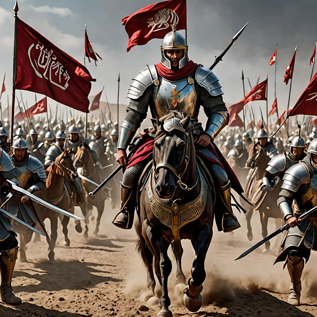 a group of men in armor riding horses with flags in the background of a battle scene with horses and men in full armor, antipodeans, a detailed matte painting, Altoon Sultan, medieval