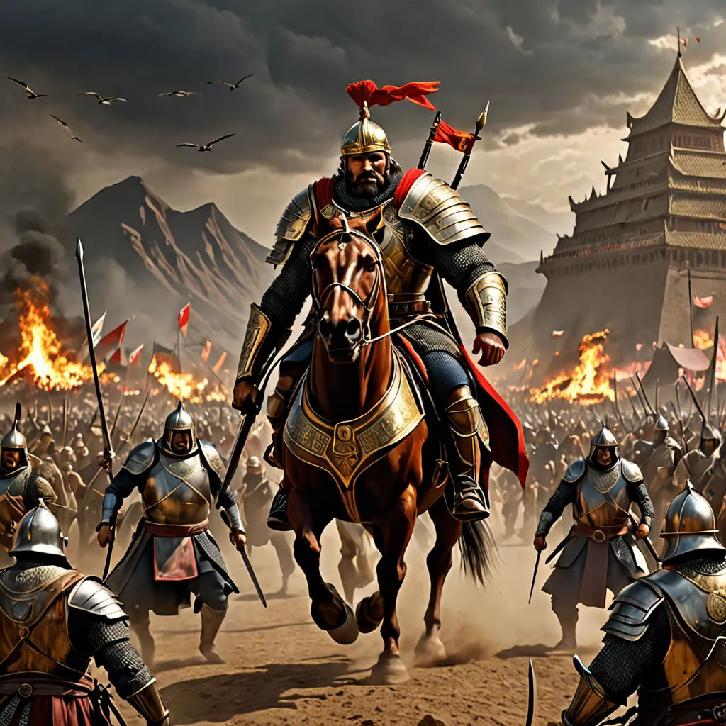 a painting of a man riding a horse in front of a group of men in armor and holding flags, fantasy art, a detailed matte painting, Edi Rama, medieval
