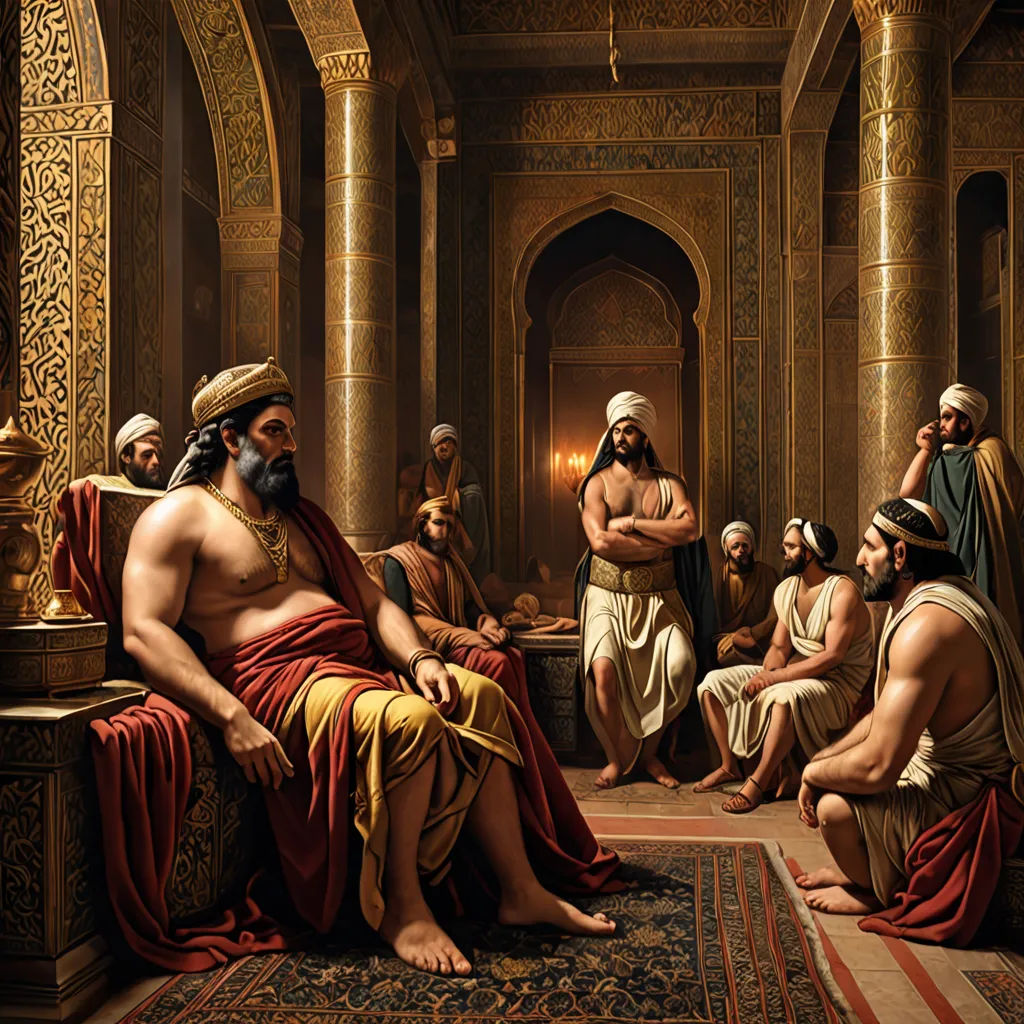 a painting of a group of men in a room with a rug and a rug on the floor and a rug on the floor, qajar art, an oil painting, Brothers Hildebrandt, renaissance oil painting