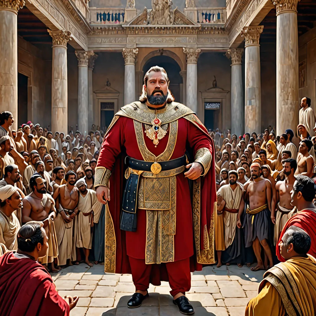 a man in a red and gold outfit standing in front of a crowd of people in a building with columns, renaissance, a detailed matte painting, Altoon Sultan, promotional image