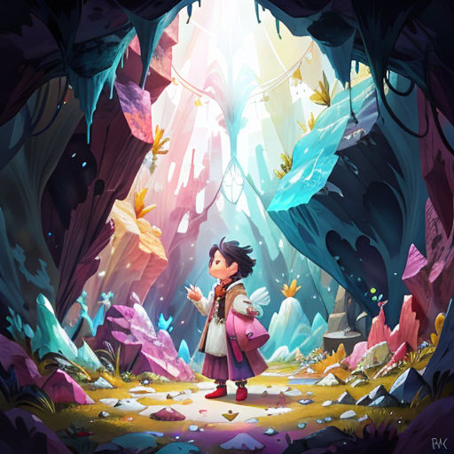 a girl standing in a cave with a pink backpack in her hand and a blue sky in the background