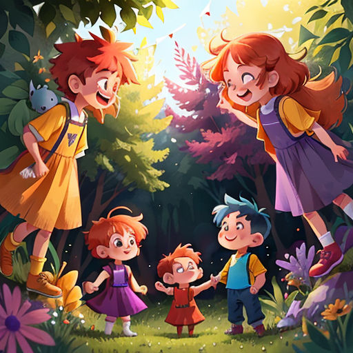 a group of children walking through a forest together with a cat on their back and a dog on their back