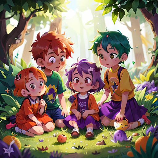 a group of children sitting on the ground in a forest with trees and flowers around them, all looking at the camera