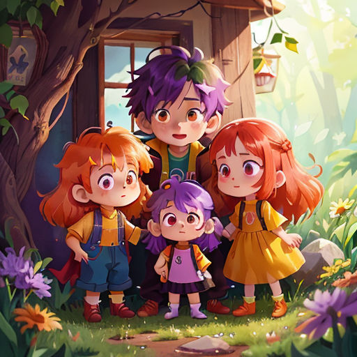 a family of four standing in front of a tree house in the woods with flowers and a birdhouse