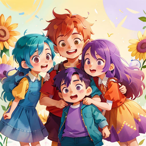 a family of four standing in front of a sunflower field with a sky background and sunflowers