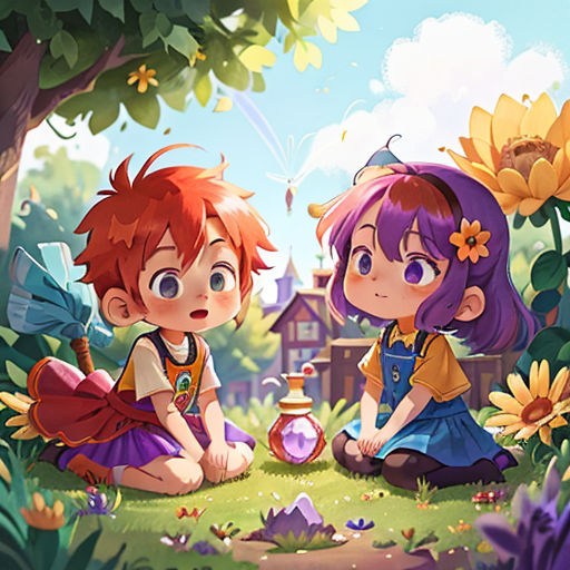 two children sitting on the ground in a forest with flowers and a beehive in the background, with a beehive in the foreground