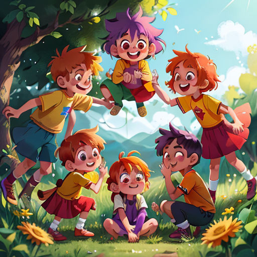 a group of children standing in the grass near a tree and a pond with a bird on it, and a bird flying above them