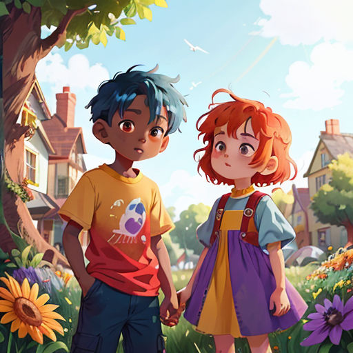 a couple of kids standing next to each other in a field of flowers and trees with houses in the background