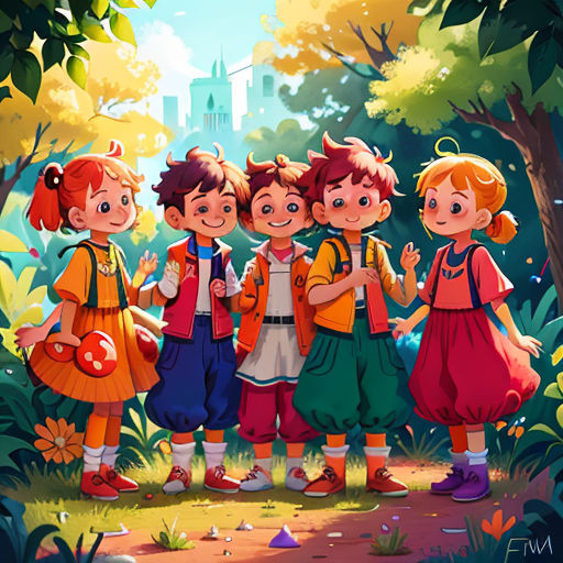 a group of children standing in the woods together with a castle in the background illustration by alex macdodola