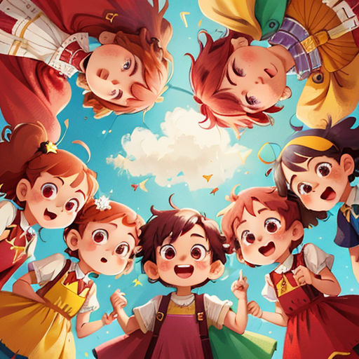a group of children standing in a circle with their faces painted like children's faces and hands pointing at them