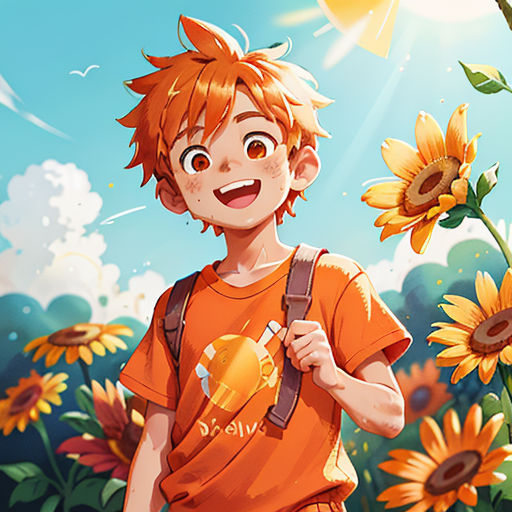 a boy with a backpack and a sunflower in a field of flowers with a butterfly flying overhead in the sky