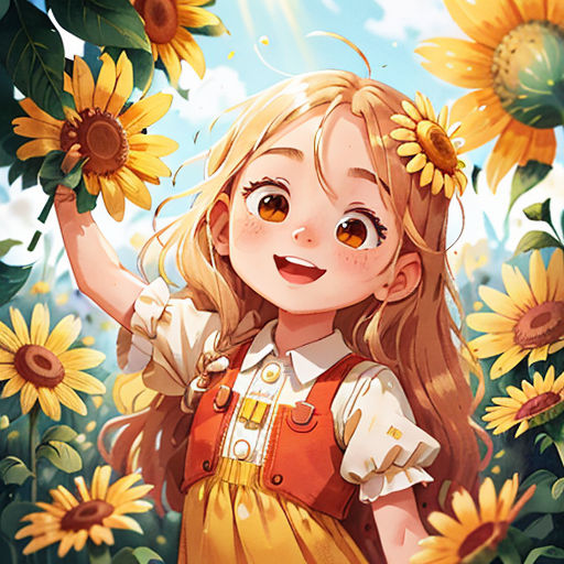 a girl in a sunflower field holding a bunch of sunflowers in her hand and smiling at the camera