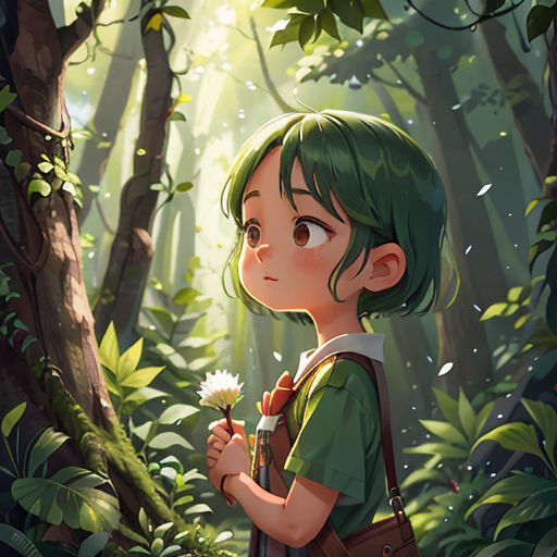a girl with green hair and a backpack in a forest holding a flower in her hand and looking up at the sky