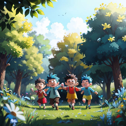 a group of children running through a forest together with trees and flowers in the background, with a blue sky and clouds