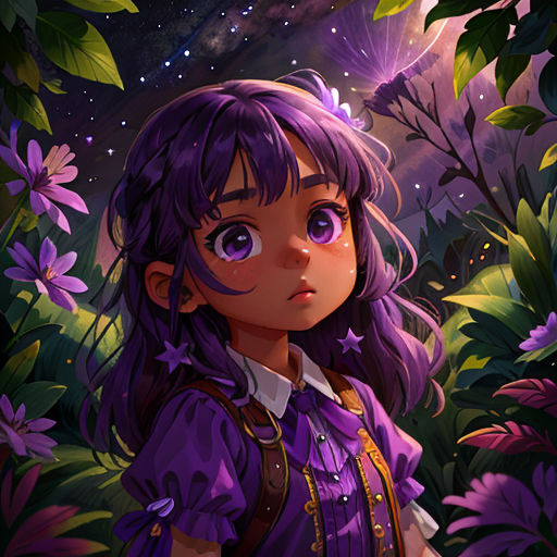 a girl with purple hair and a purple dress standing in a field of flowers with a purple sky in the background