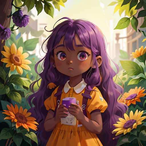 a girl with purple hair holding a cup in a field of sunflowers and a building in the background