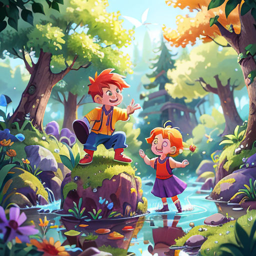 a boy and a girl are standing in the woods by a stream and trees, with a pond in the foreground