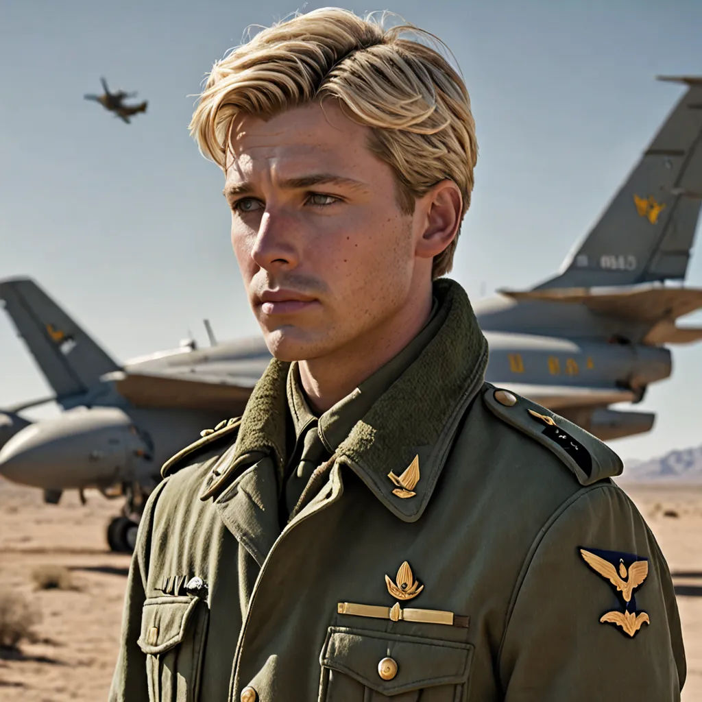 a man in a military uniform standing in front of a bunch of fighter jets in the desert, looking at the camera, cobra, a poster, Andor Basch, promotional image