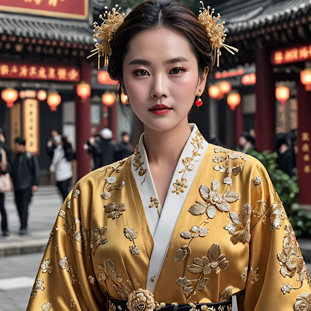 a woman in a gold and white kimono and a red lantern in the background with people walking around, cloisonnism, a character portrait, Chen Jiru, canon eos r 3