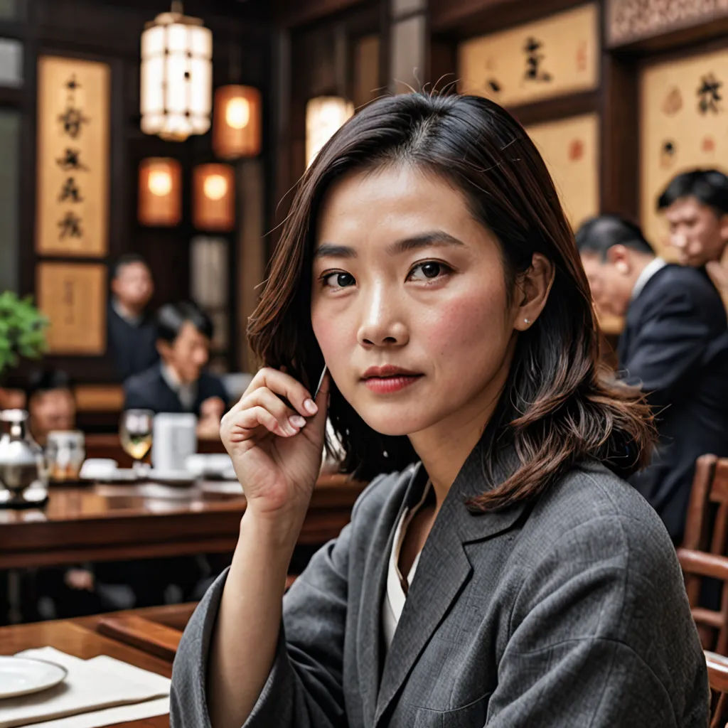 a woman sitting at a table with a fork in her hand and a glass of wine in her hand, cloisonnism, a character portrait, Chen Jiru, movie still