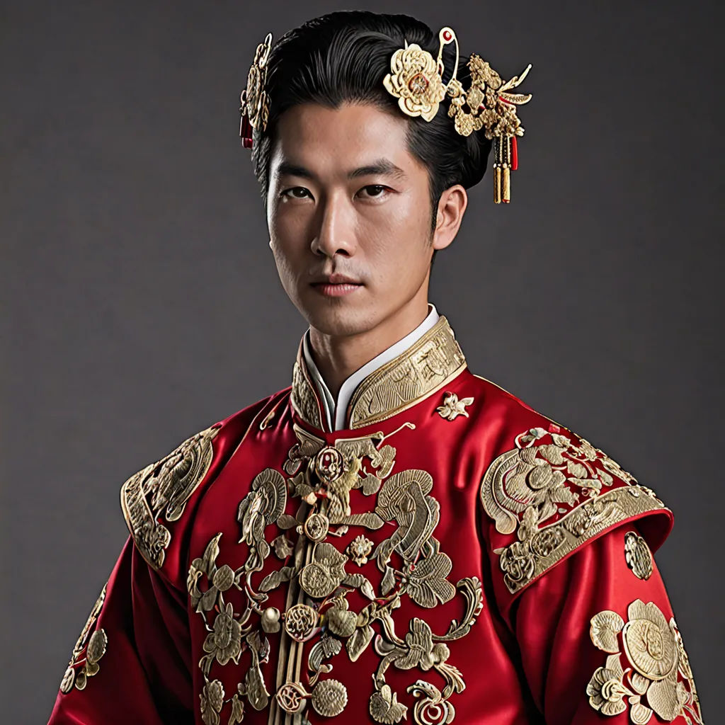 a man in a red and gold chinese costume with a flower in his hair and a gold and red headpiece, cloisonnism, a character portrait, Emperor Huizong of Song, promotional image