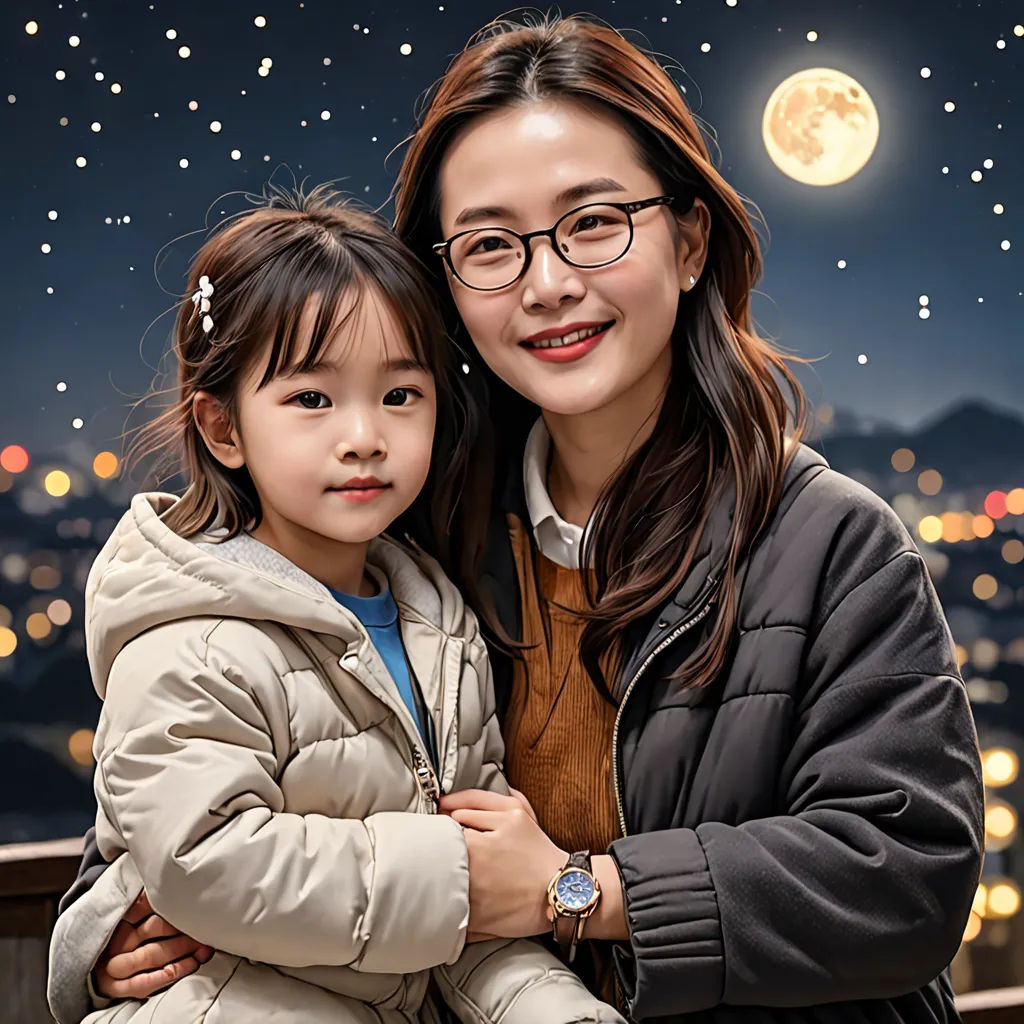 a woman and a child are posing for a picture in front of a night sky with stars and a full moon, dau-al-set, a poster, Byeon Sang-byeok, promotional image