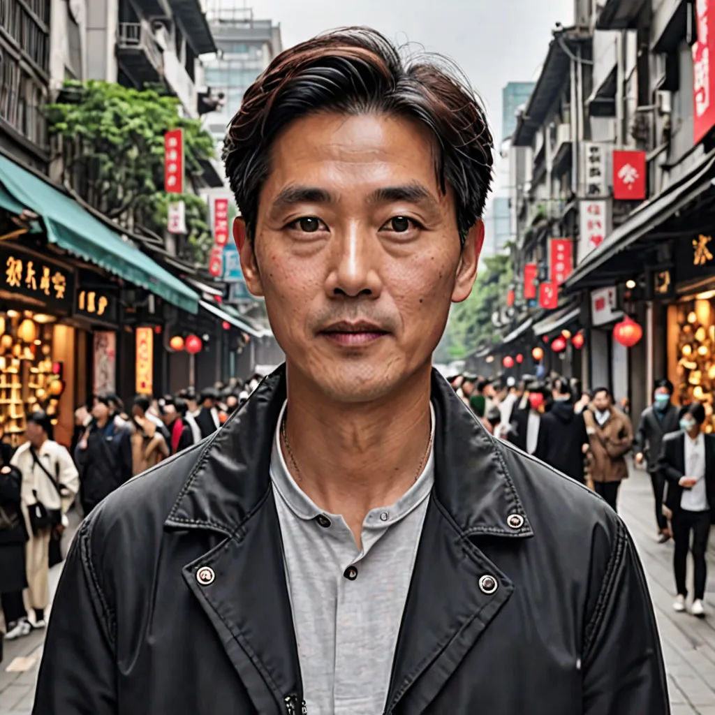 a man standing in front of a store on a busy street with people walking around it and a building with red lights, international typographic style, a character portrait, Choi Buk, character portrait