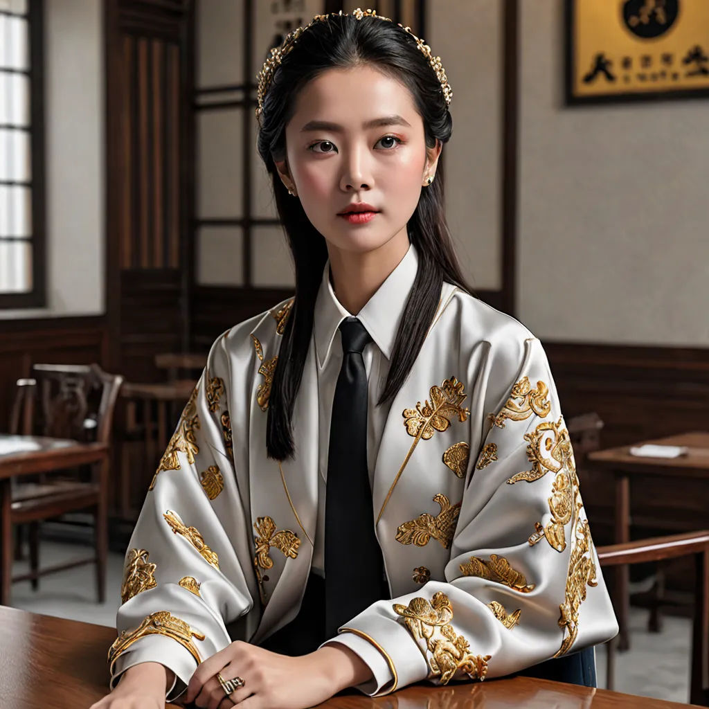 a woman in a white and gold kimono sitting at a table in a restaurant with a black tie, cloisonnism, a photorealistic painting, Chen Jiru, art nouveau fashion embroidered