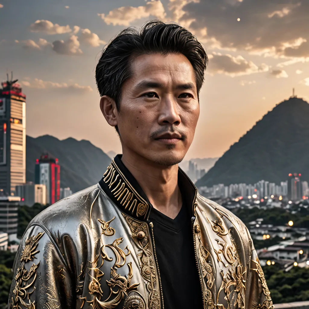 a man in a gold jacket standing in front of a city skyline with mountains in the background and a cloudy sky, cloisonnism, a character portrait, Dai Jin, promotional image