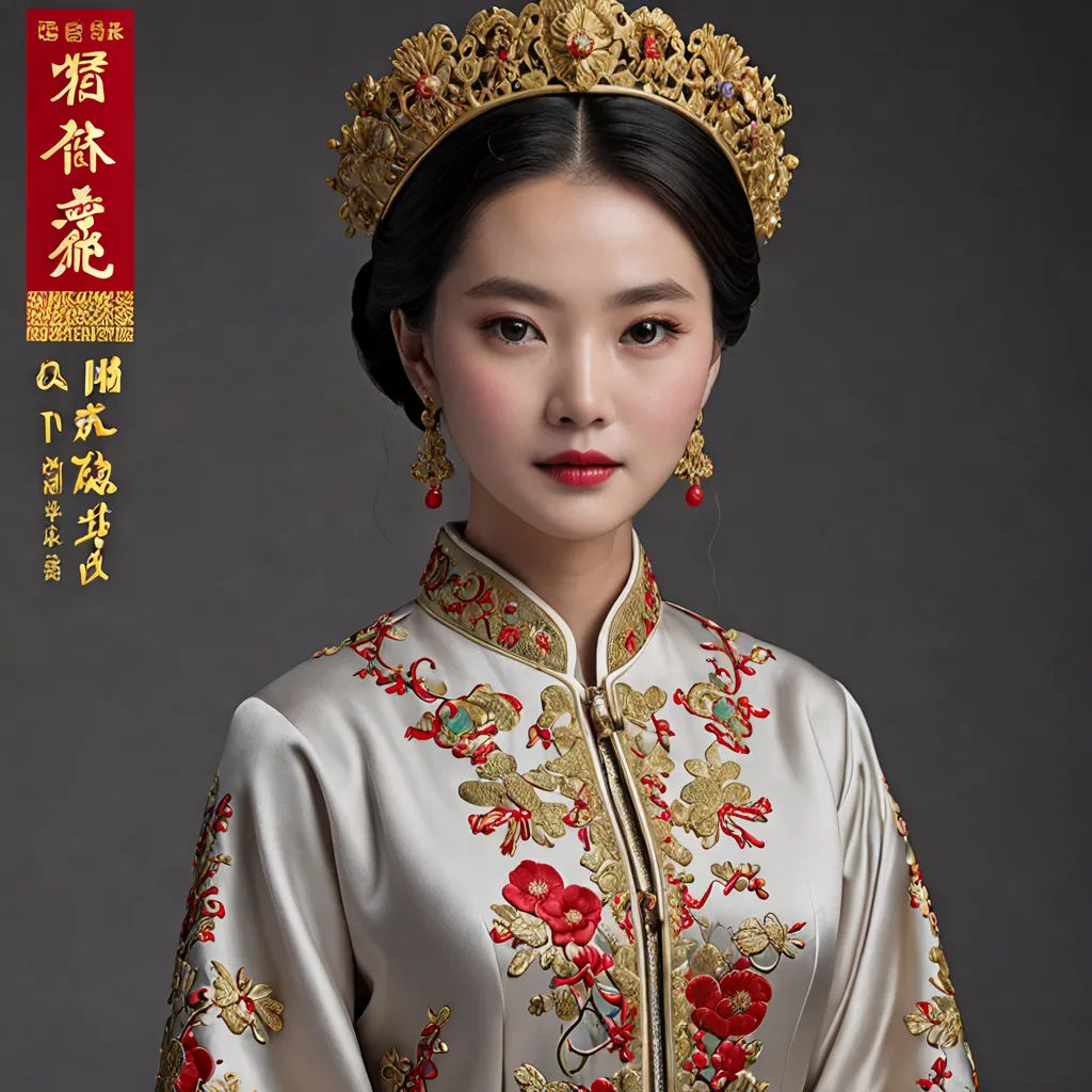 a woman in a chinese costume with a crown on her head and a red flower on her hair, with a chinese text above her, cloisonnism, a photorealistic painting, Cao Zhibai, highly detailed oil painting