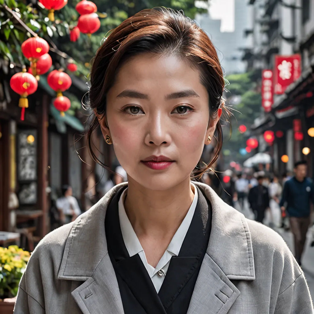 a woman standing in front of a building with a red lantern hanging from it's ceiling and a woman in a gray jacket and white shirt and black shirt, cloisonnism, a character portrait, Chen Jiru, promotional image