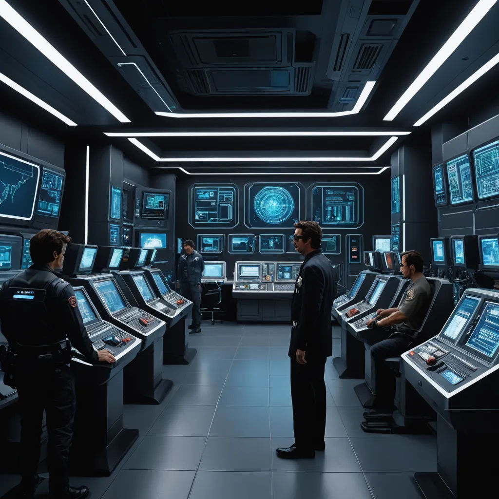 a man standing in a room filled with monitors and monitors on the walls and people sitting at the desk, les automatistes, computer graphics, David Budd, imax 70 mm footage
