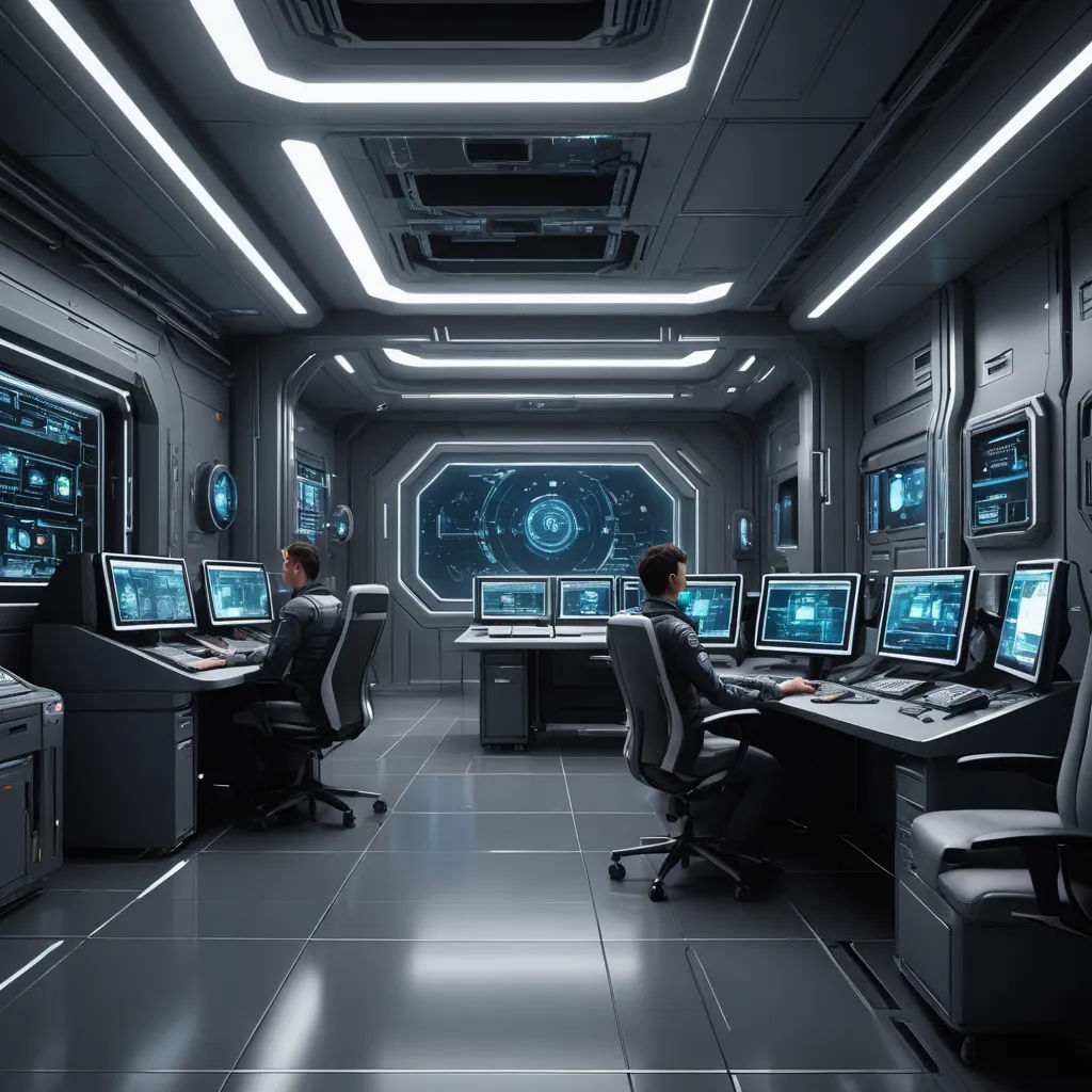 a sci - fi office with computers and monitors in the room and a man sitting at a desk in front of them, space art, computer graphics, Filip Hodas, cgstudio