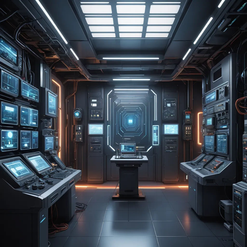 a sci - fi room with a lot of monitors and a lot of lights on the ceiling and a lot of lights on the floor, space art, computer graphics, Filip Hodas, unreal 5 render