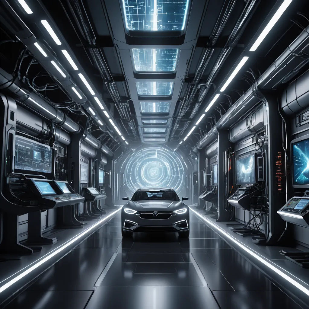 a car is driving through a futuristic tunnel with a lot of monitors and a television screen in the background, retrofuturism, computer graphics, Filip Hodas, cgstudio