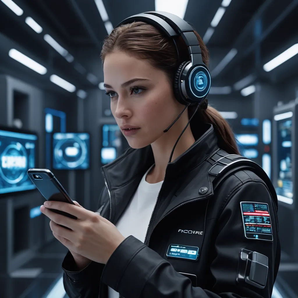 a woman wearing headphones and using a cell phone in a room with blue lights and a ceiling of lights, panfuturism, cyberpunk art, Eve Ryder, tech wear