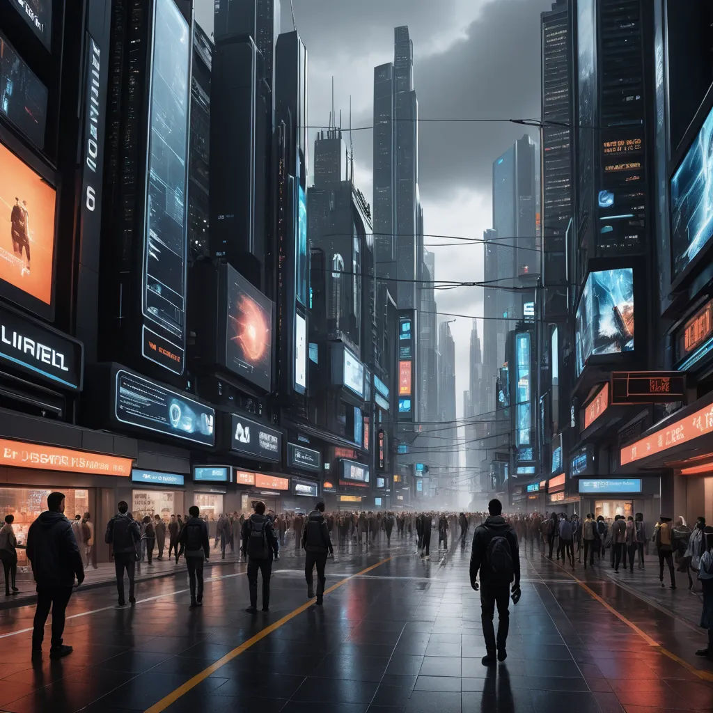 a city street with people walking on it and billboards on the buildings and people walking on the sidewalk, futurism, a detailed matte painting, Beeple, dystopian art