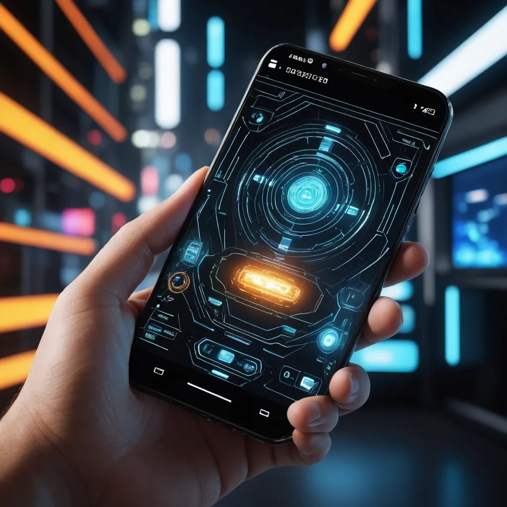 a person holding a cell phone with a futuristic interface on it's screen in a dark room with neon lights, holography, a hologram, Beeple, unreal engine 5 highly rendered